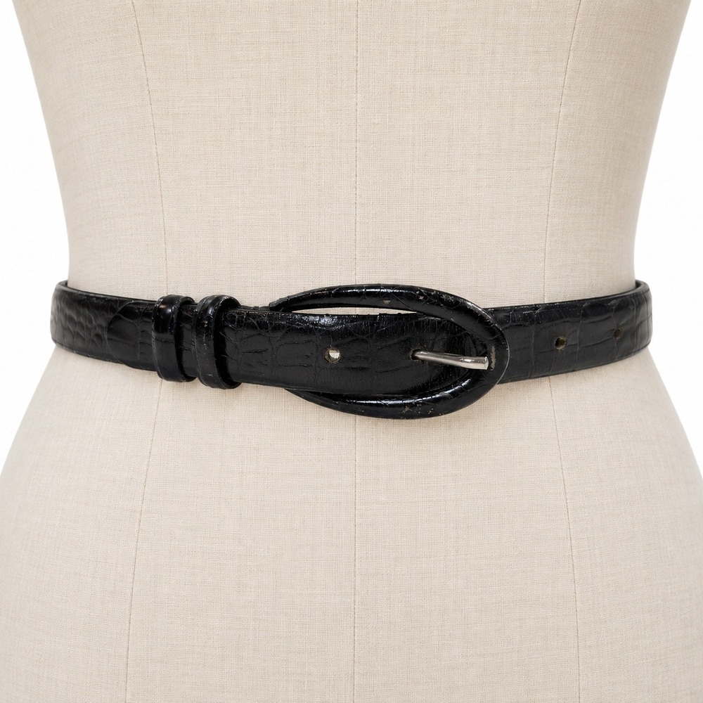 Giorgio Armani Vintage Belt 48in Black Croc Embossed Oval Buckle Italy READ